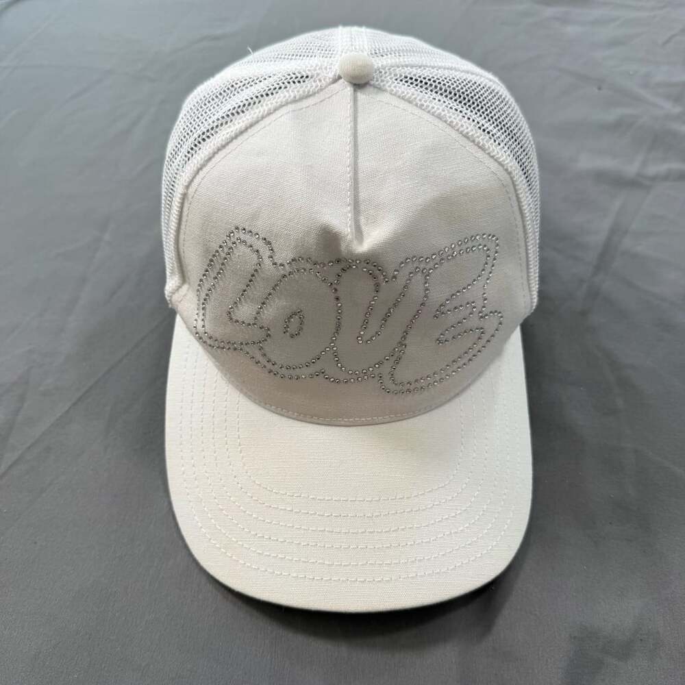 White Mesh Trucker Hat With Rhinestone LOVE Cursive Text